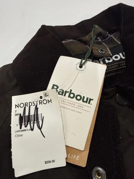 Barbour Olive Waxed Cotton Field Coat with Dark Cord Collar NEW Size 2 - Picture 2 of 5
